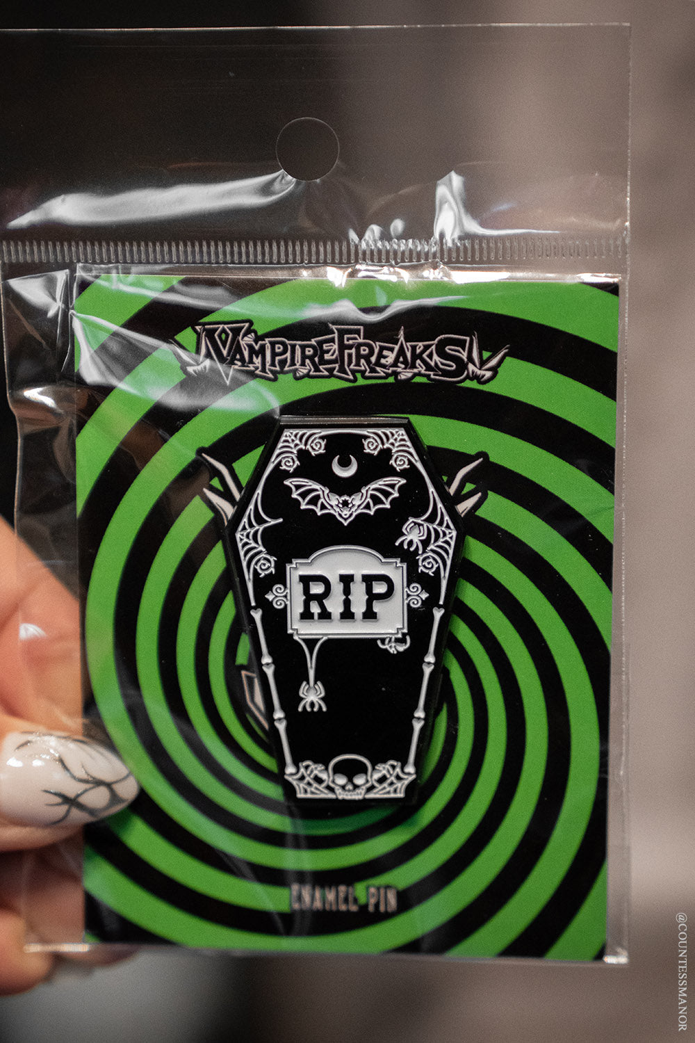 vampire goth coffin enamel pin with back button closure