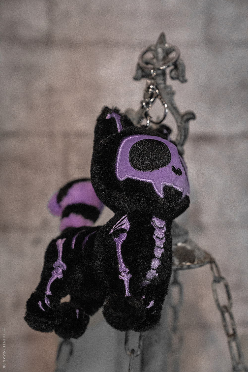 embroidered furry black and purple halloween skeleton cat kitty keychain with silver keyring