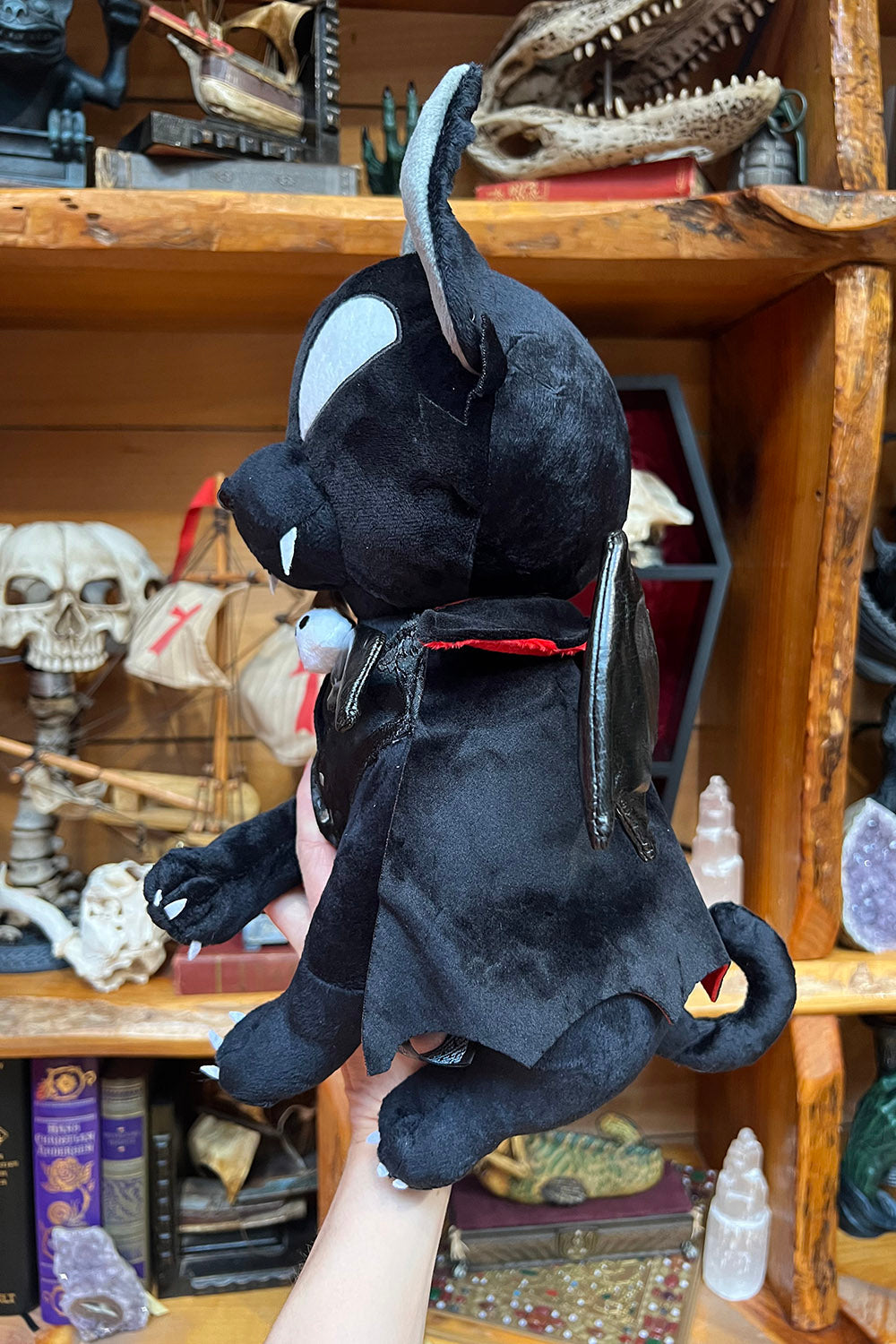 black cat plush wearing a skull collar and bat wings