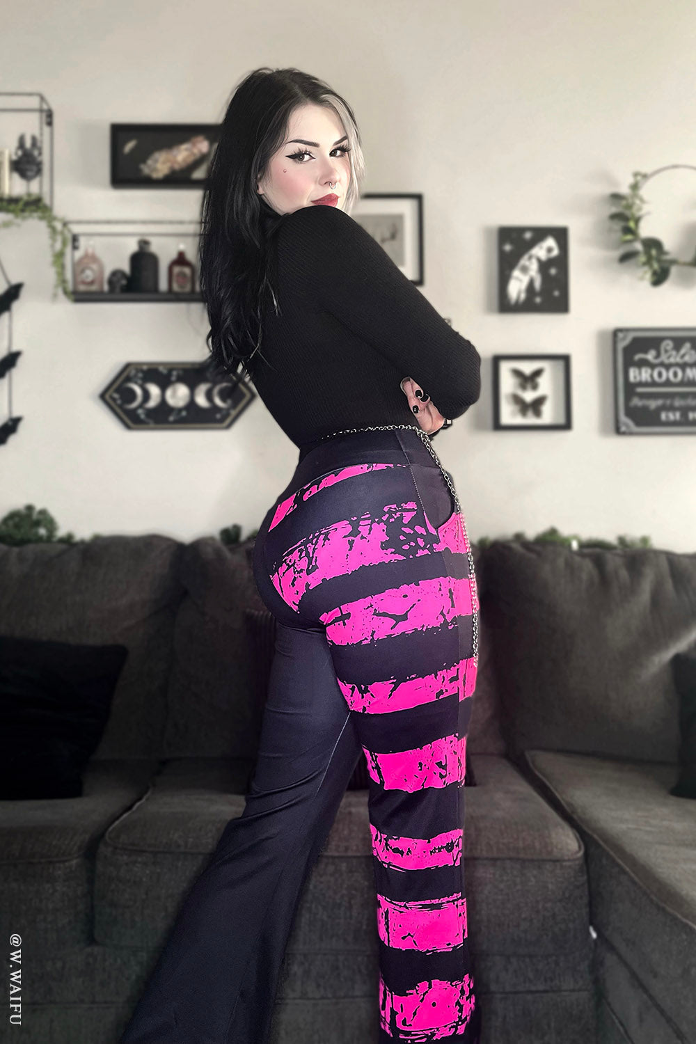 womens hot pink and black striped flared leggings