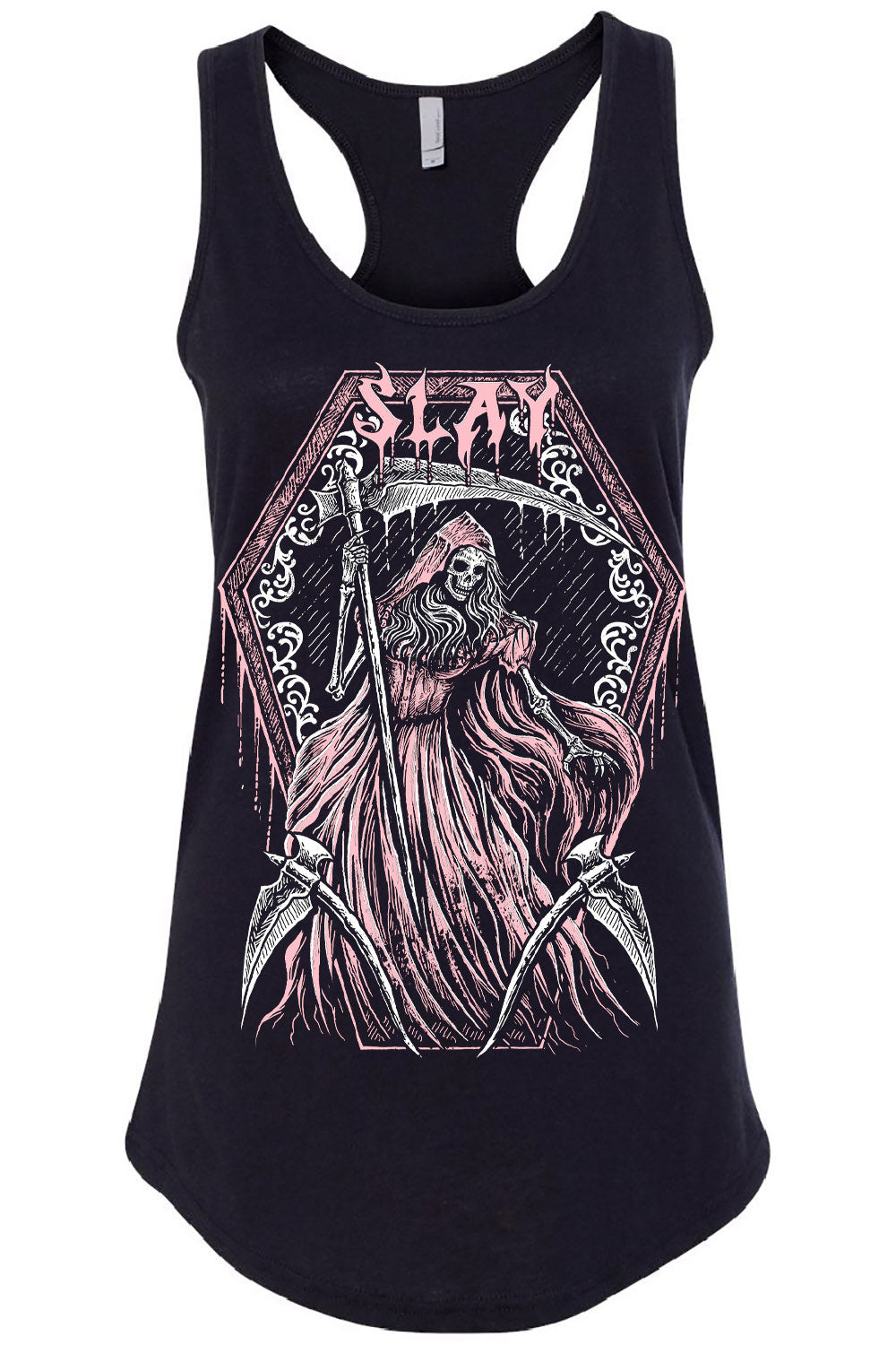 coffin frame, scythe, and lady grim reaper tank top