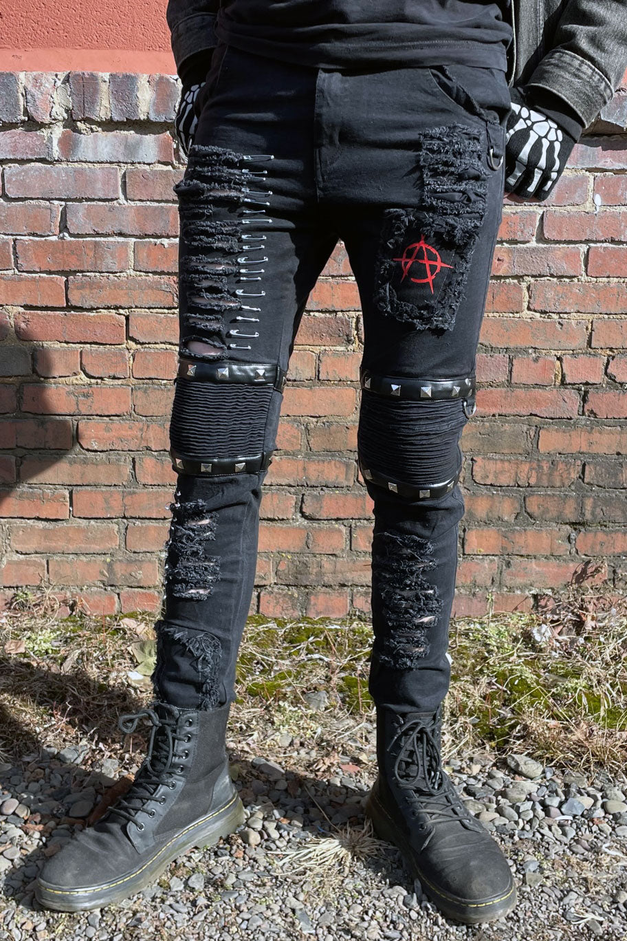 mens shredded anarchy symbol patch pants
