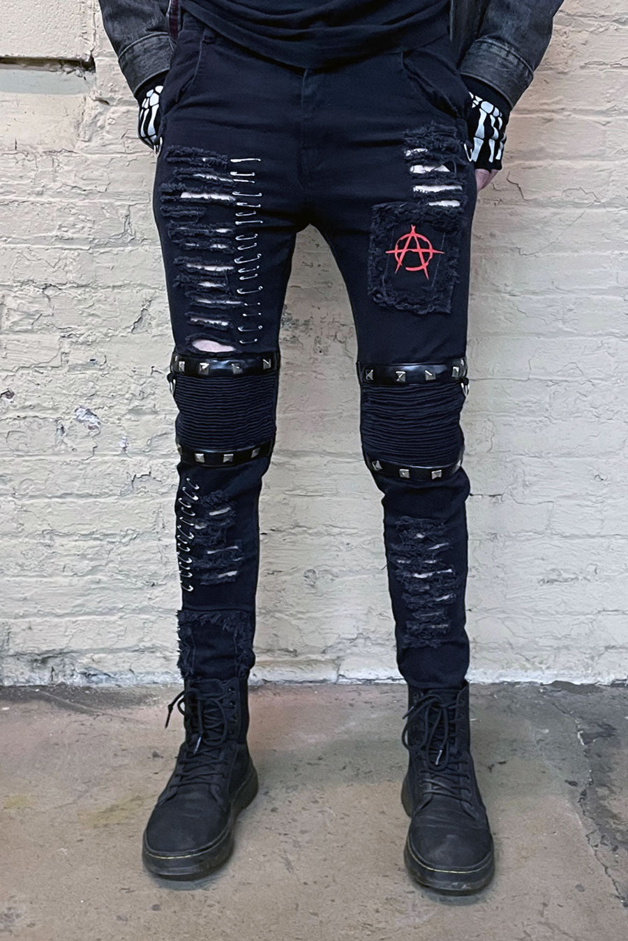 mens skinny emo distressed safety pin studded jeans