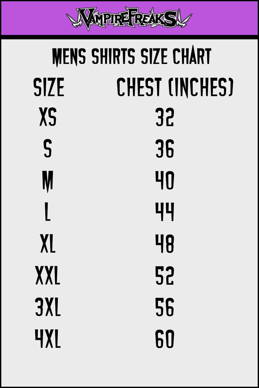 mens gothic top size chart
