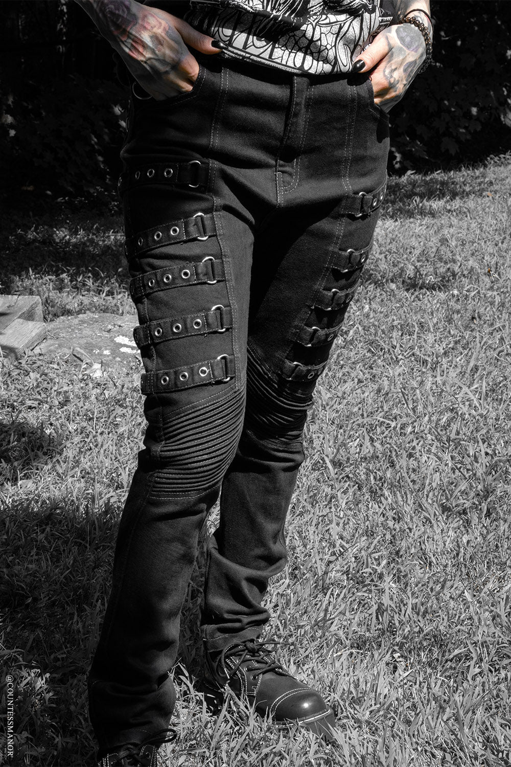 mens gothic buckle black cotton pants