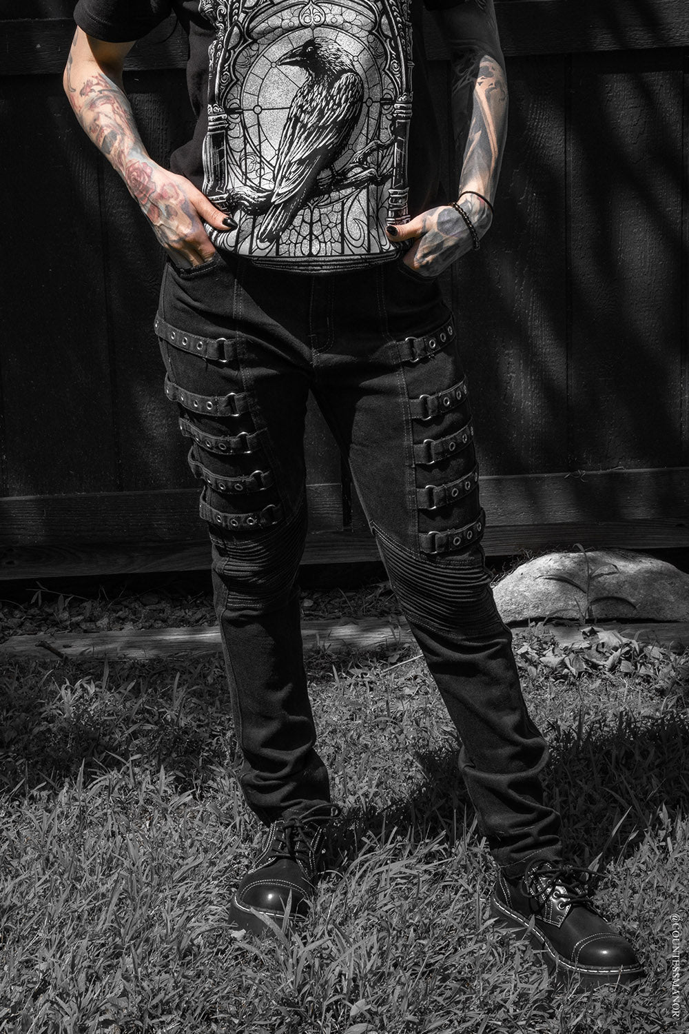 mens punk black denim pants with white stitching