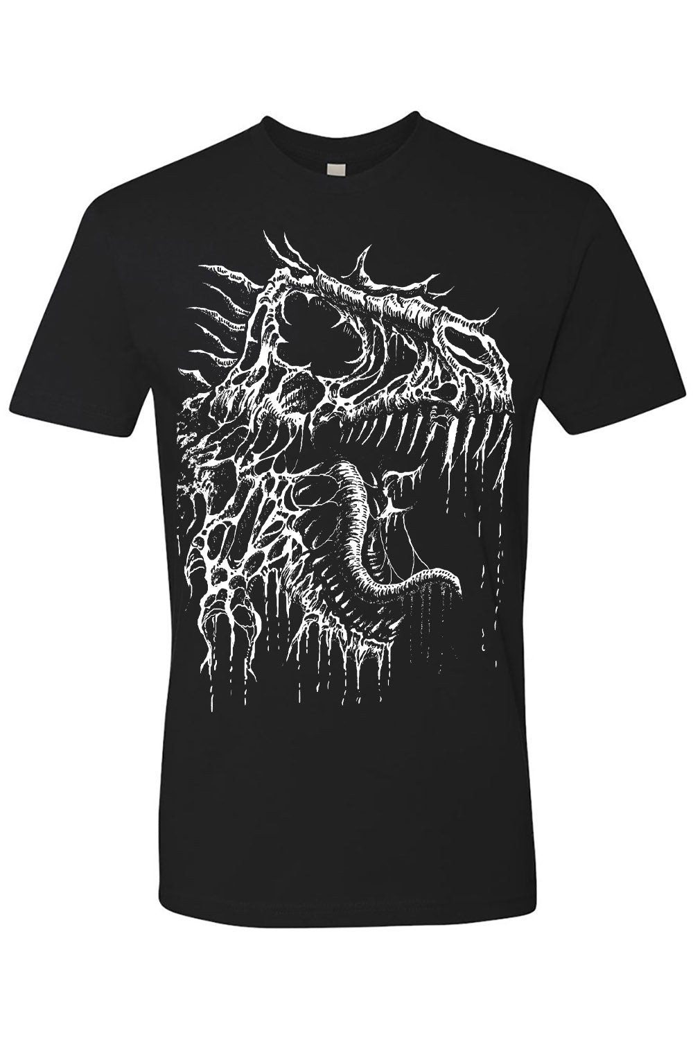 Black t-shirt with white dinosaur skeleton design on a white background
