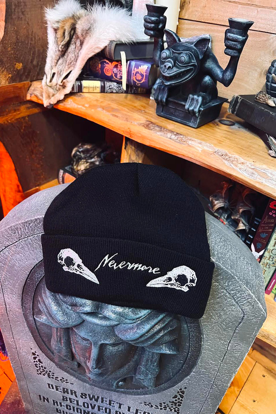 black knitted raven skull beanie