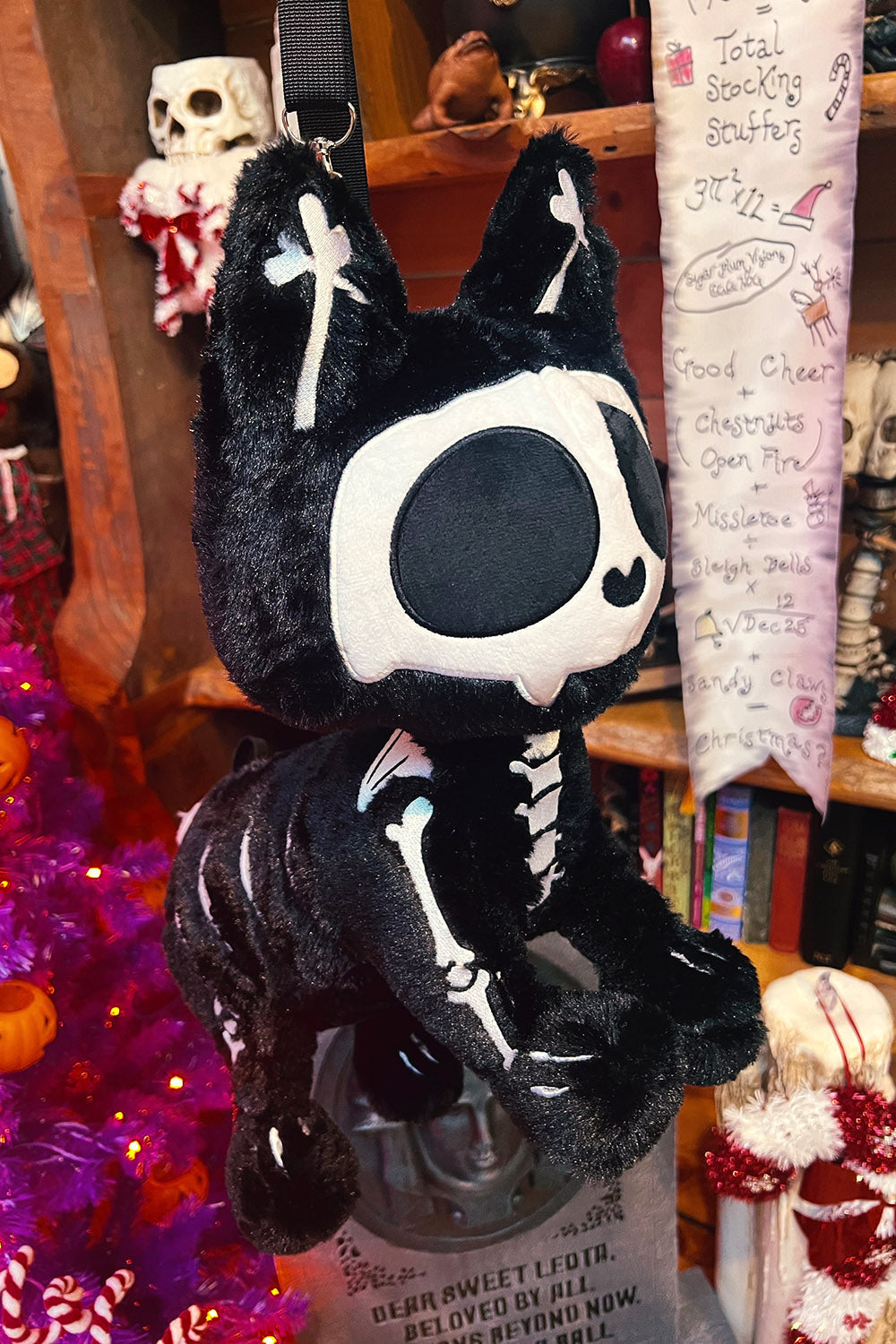 gothic skelekitty plush shoulder bag