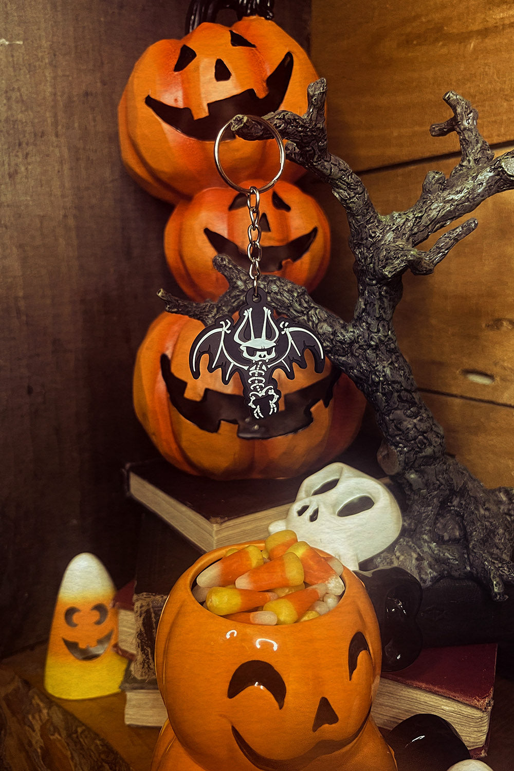 spooky skeleton bat key chain