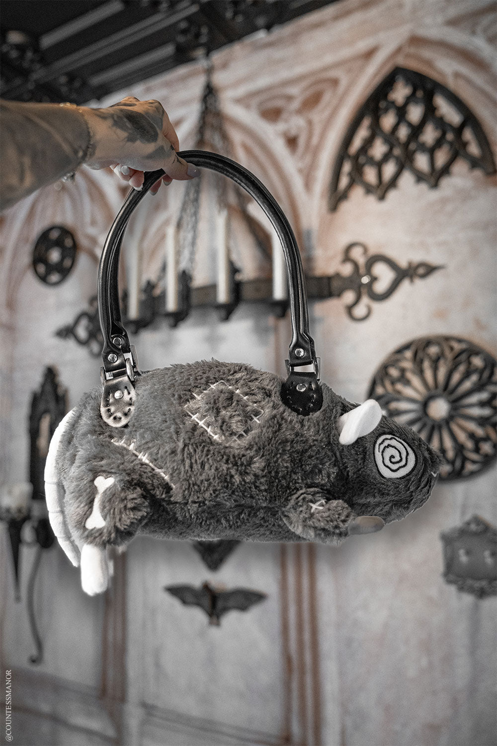 creepy cute grey stitched rat handbag with patches and spiral eyeball