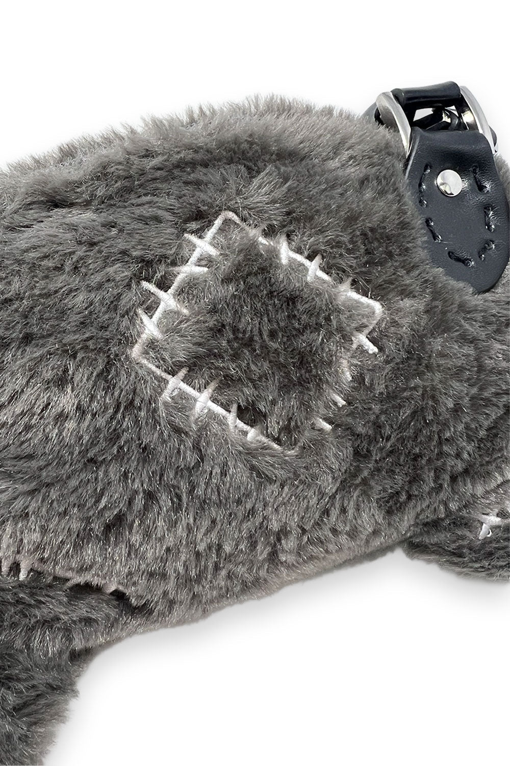 3d grey plushie rat purse with patches