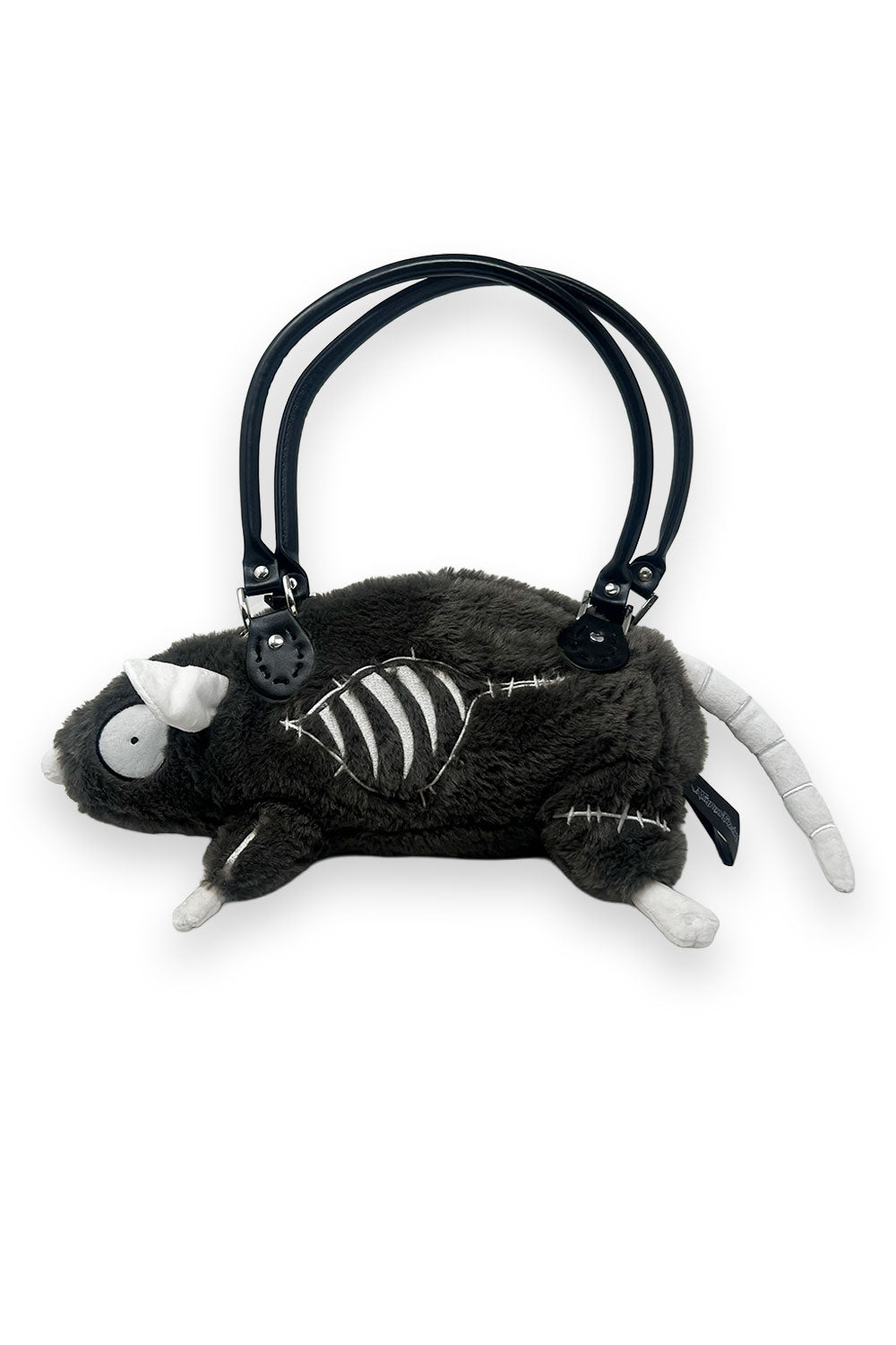 Plush toy rat bag with skeleton design on a white background