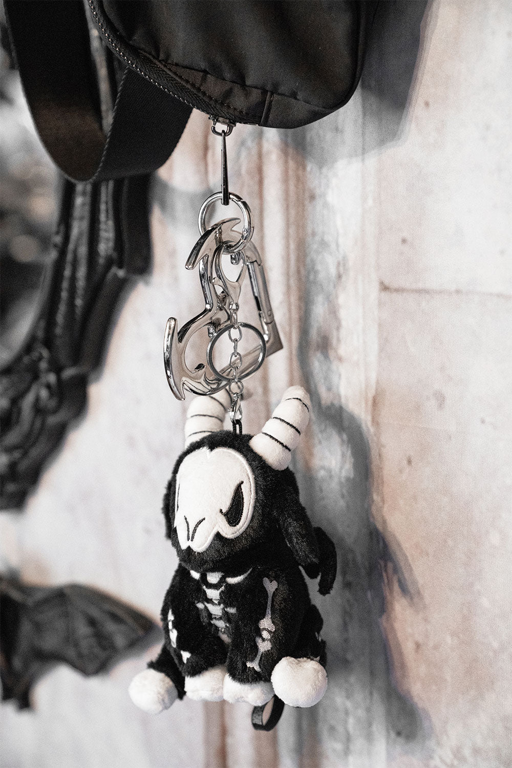 spooky embroidered creepy cute skeleton goat plushie keychain