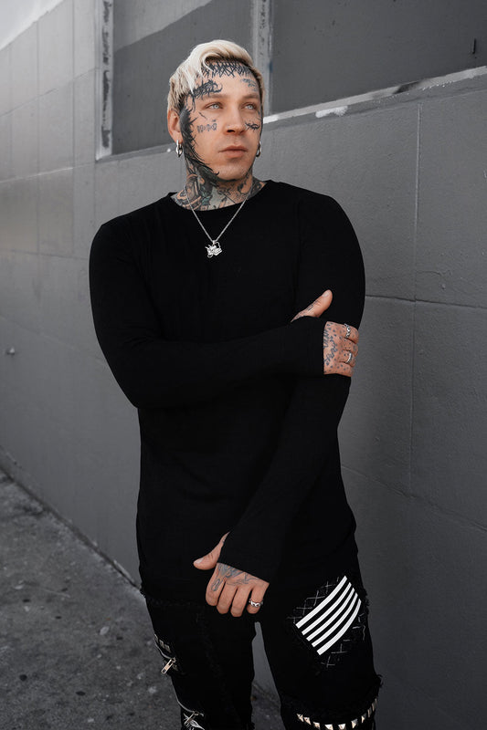 mens black long sleeve cotton shirt with thumbholes