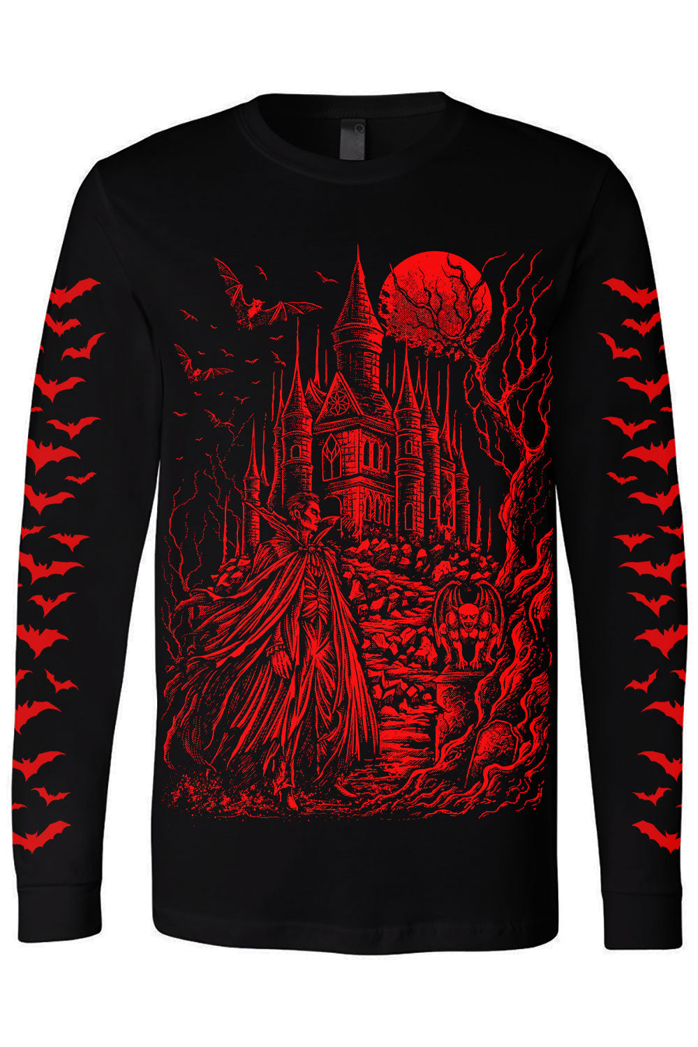 Draculas castle long sleeve printed tee with red graphic and bat sleeves