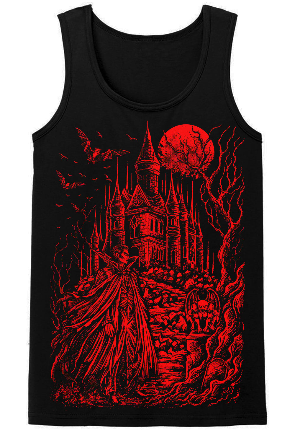 Mens tank top with creepy dracula graphic with castle bats and moon