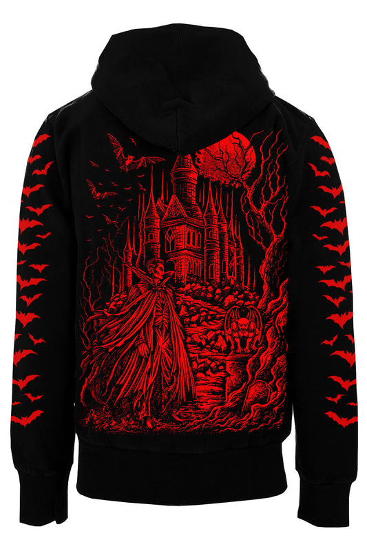 Black hoodie shown from the back, featuring a large red gothic illustration of a castle, a cloaked figure, bats, and a full moon on the back, with red bat motifs down both sleeves.