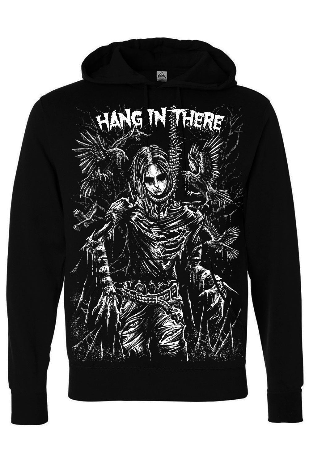 A black pullover hoodie featuring a large white graphic print of a skeletal figure with a skull face, surrounded by dark birds and the text 'HANG IN THERE' across the chest.