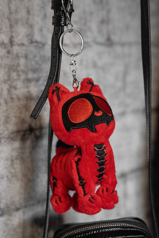 embroidered skeleton cat red skelekitty plush toy keychain