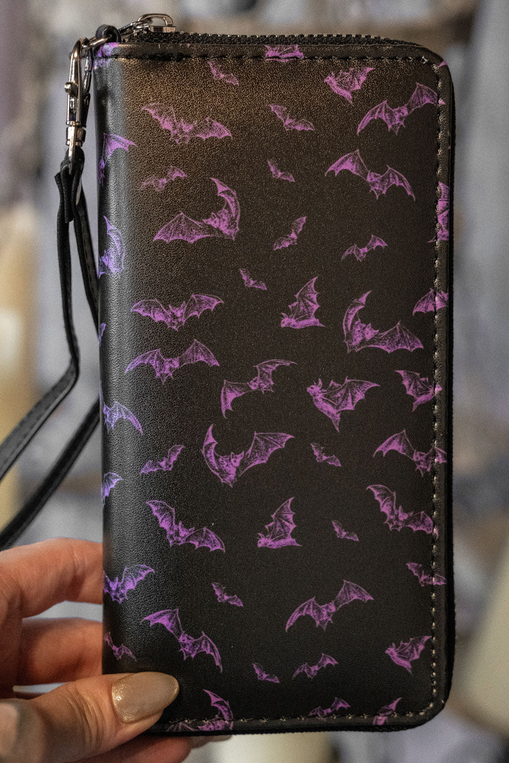 gothic black and purple bat pattern wallet