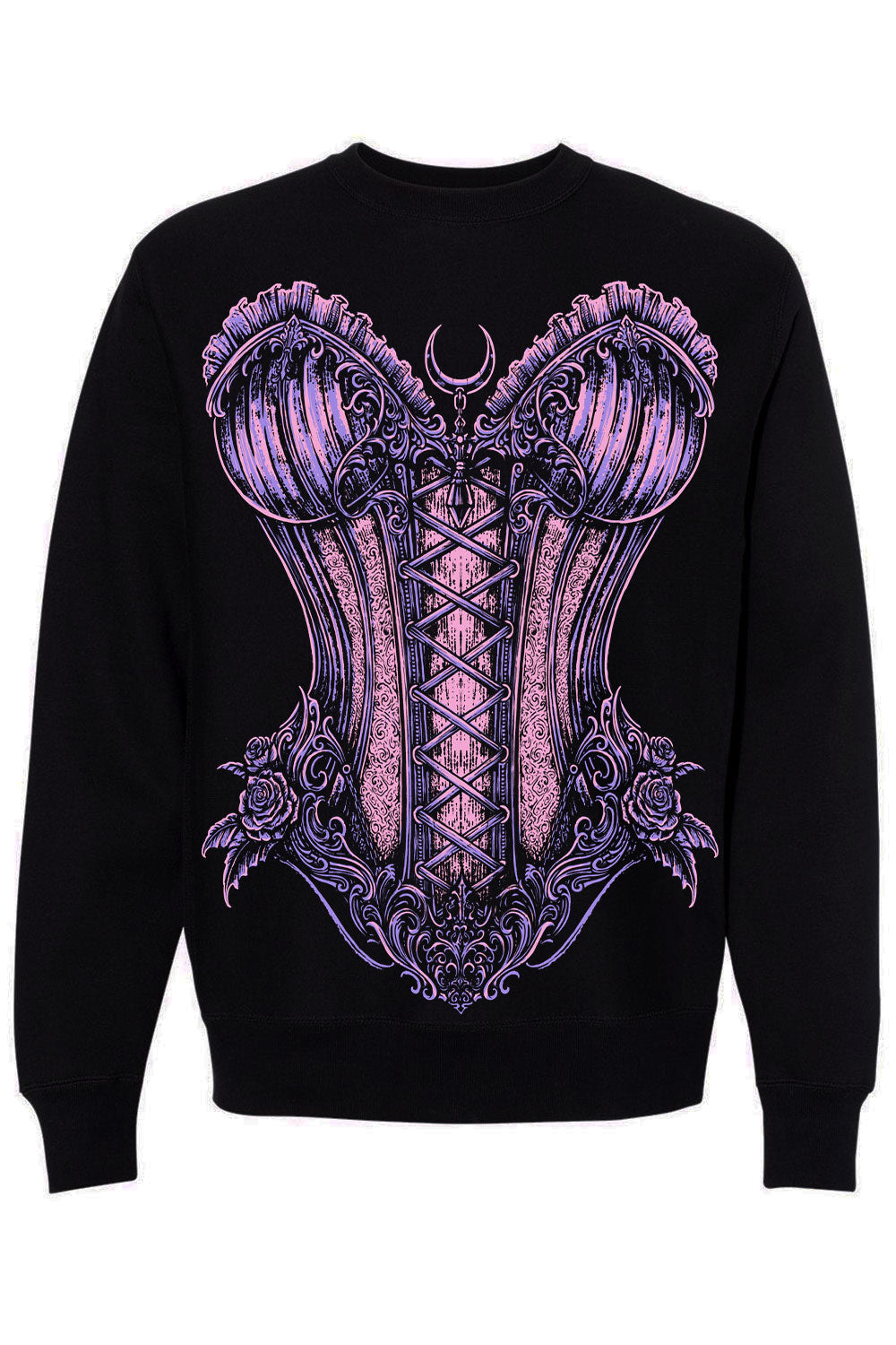 A black crewneck sweatshirt featuring a large, detailed graphic of a gothic-style purple and pink corset with lace-up details and ornate floral elements.