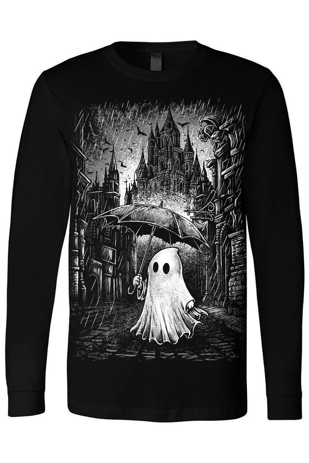 Cute ghost with umbrella in rain graphic on black long sleeve shirt from VampireFreaks