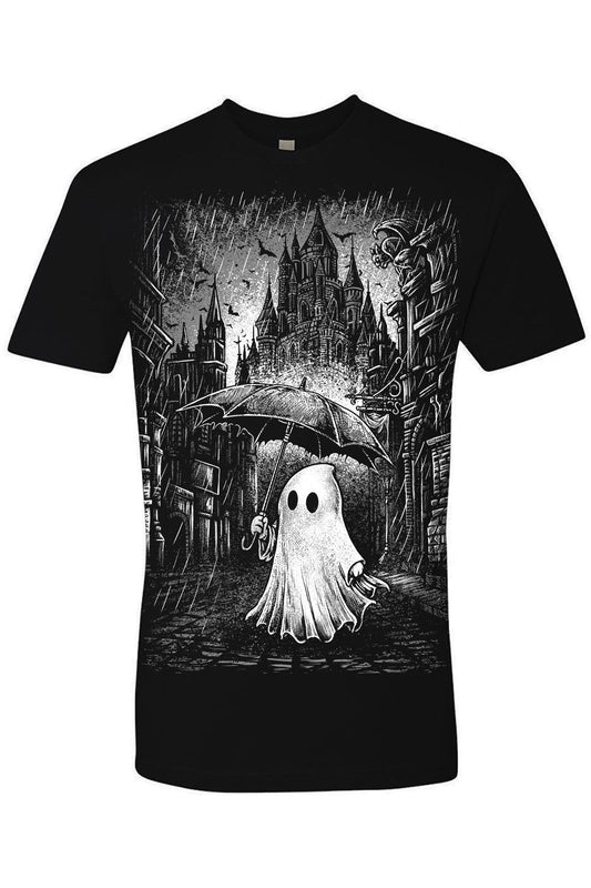 VampireFreaks mens black short sleeve tshirt with ghost and umbrella graphic