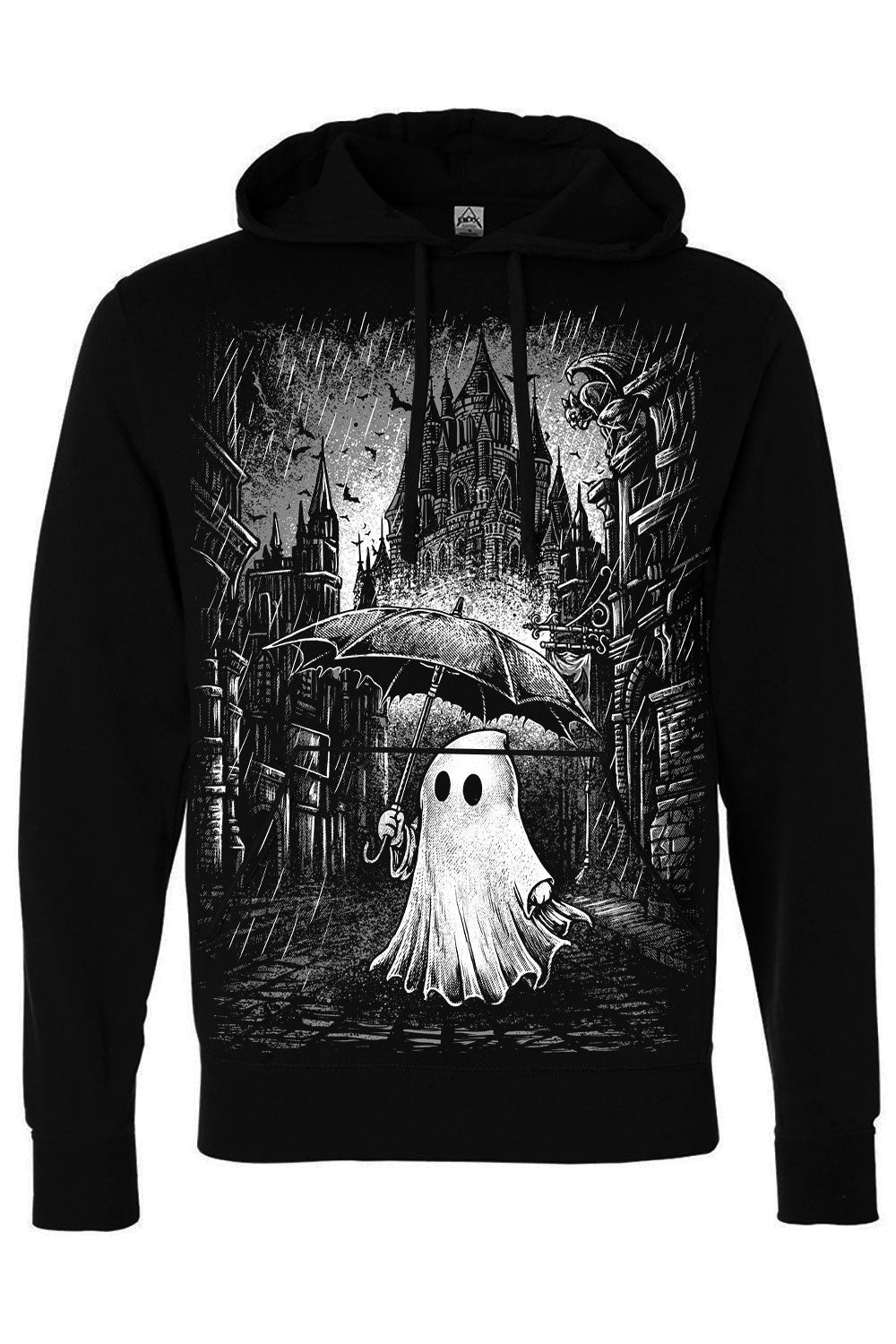 Cute rainy day ghost with umbrella graphic on black pullover hoodie