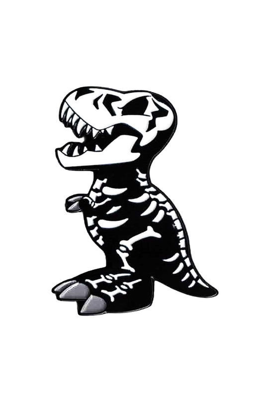Black and white dinosaur skeleton enamel pin on a white background