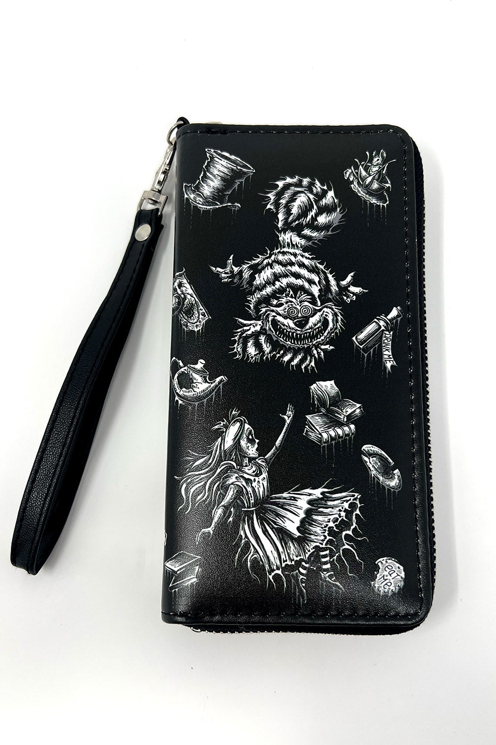 Black wallet with white illustrations on a white background
