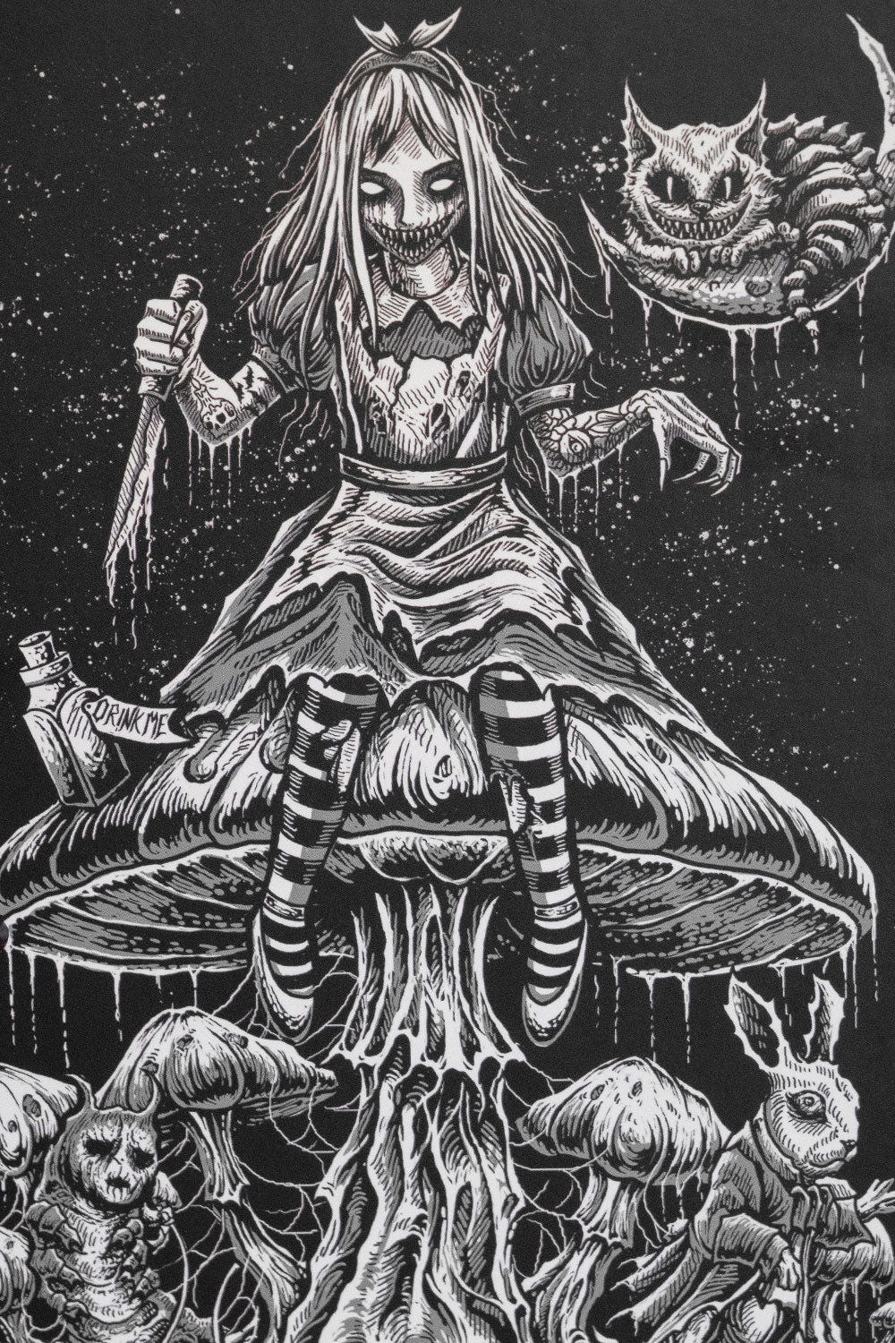 Illustration of a twisted version of Alice from Wonderland with a knife and cheshire cat in the background.