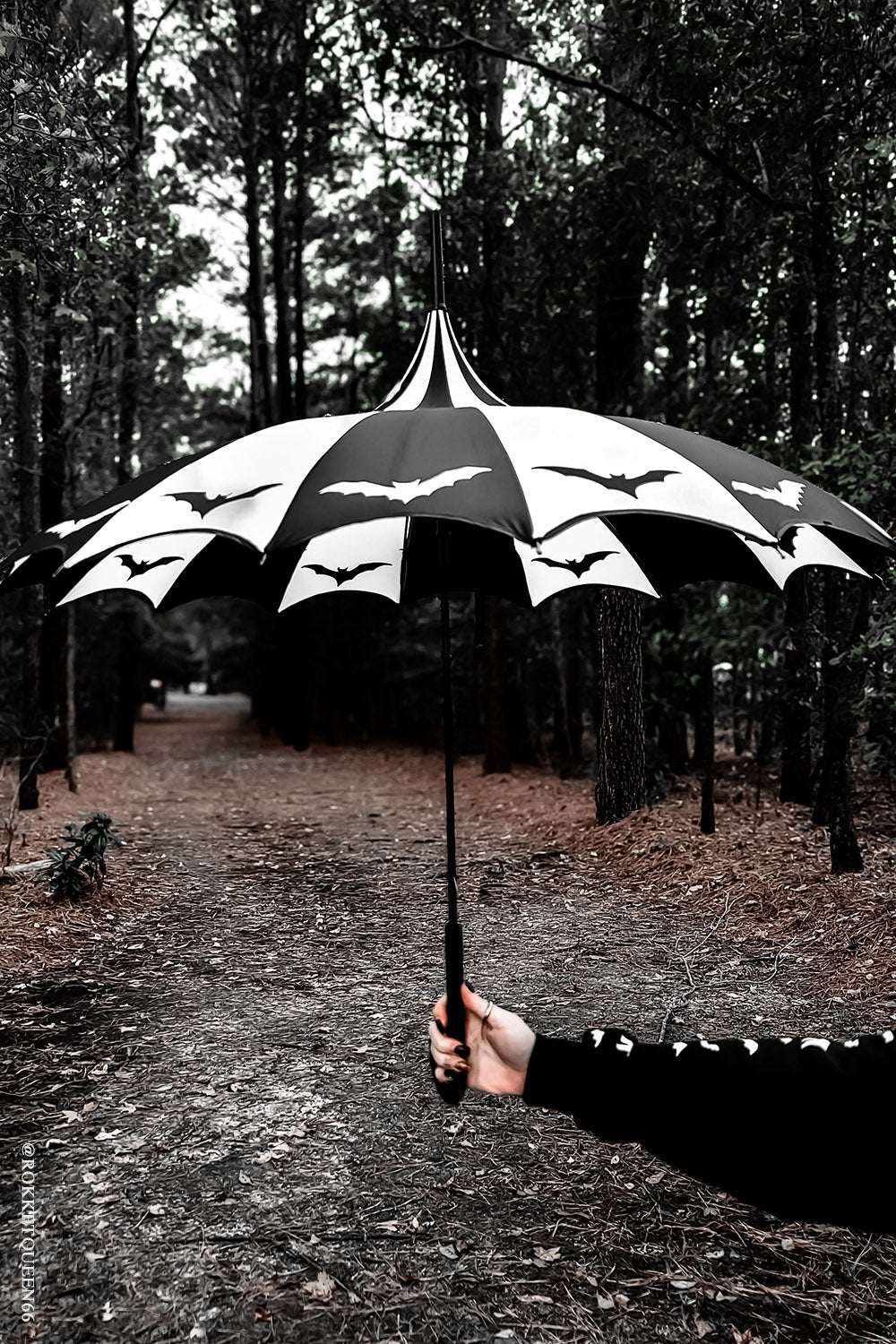 vintage goth inspired black and white striped foldable umbrella 