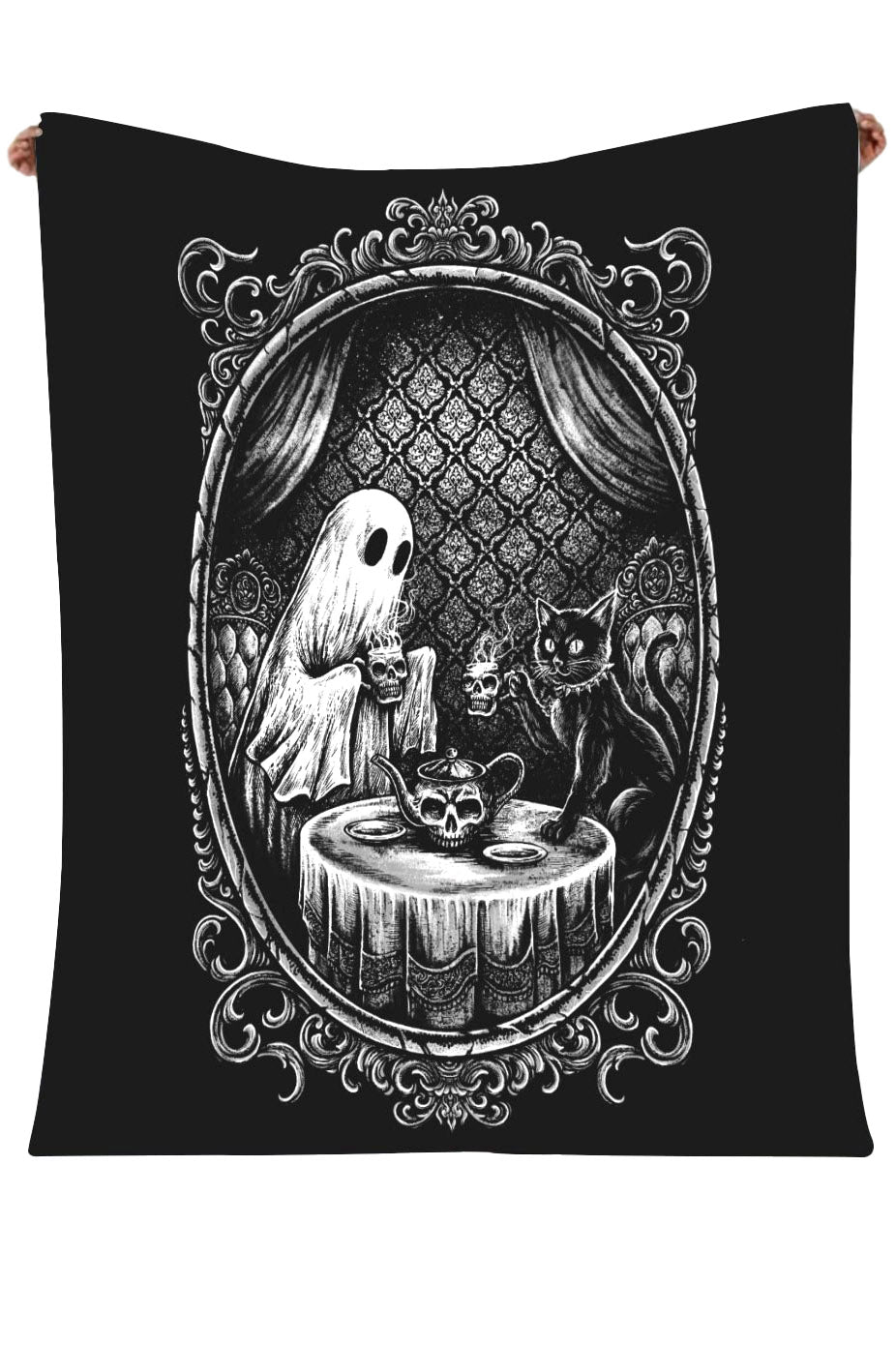 victorian goth ghost and black cat blanket