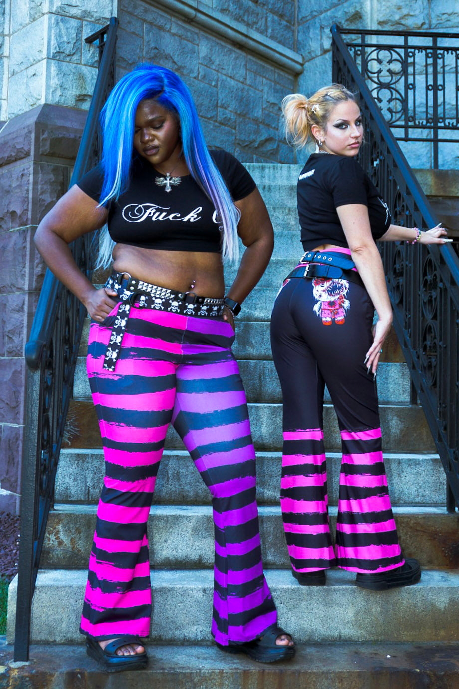 pink and black striped bell bottoms