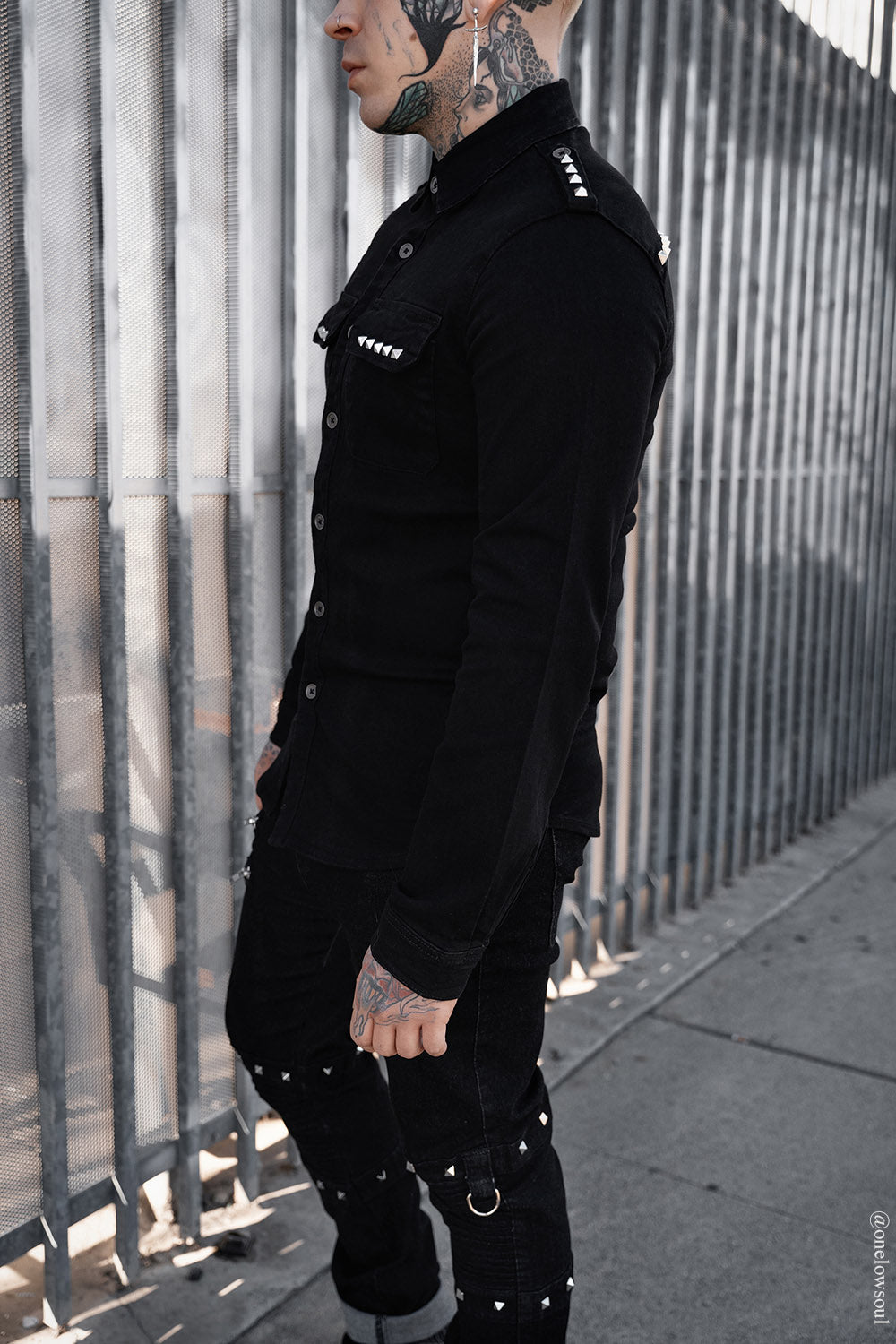 mens black denim gothic shirt with shoulder straps