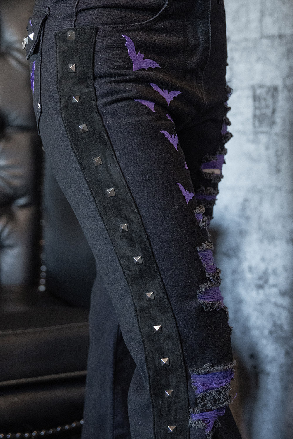 purple and black shredded distressed punk jeans for women 