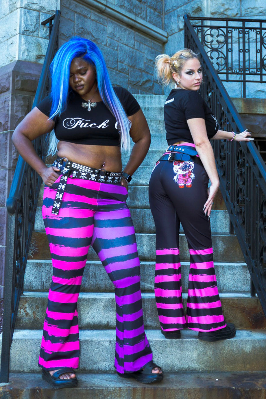 spooky sweet womens black and pink striped flares