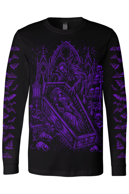 Creepy long sleeve shirt with purple bat wings and dracula graphic