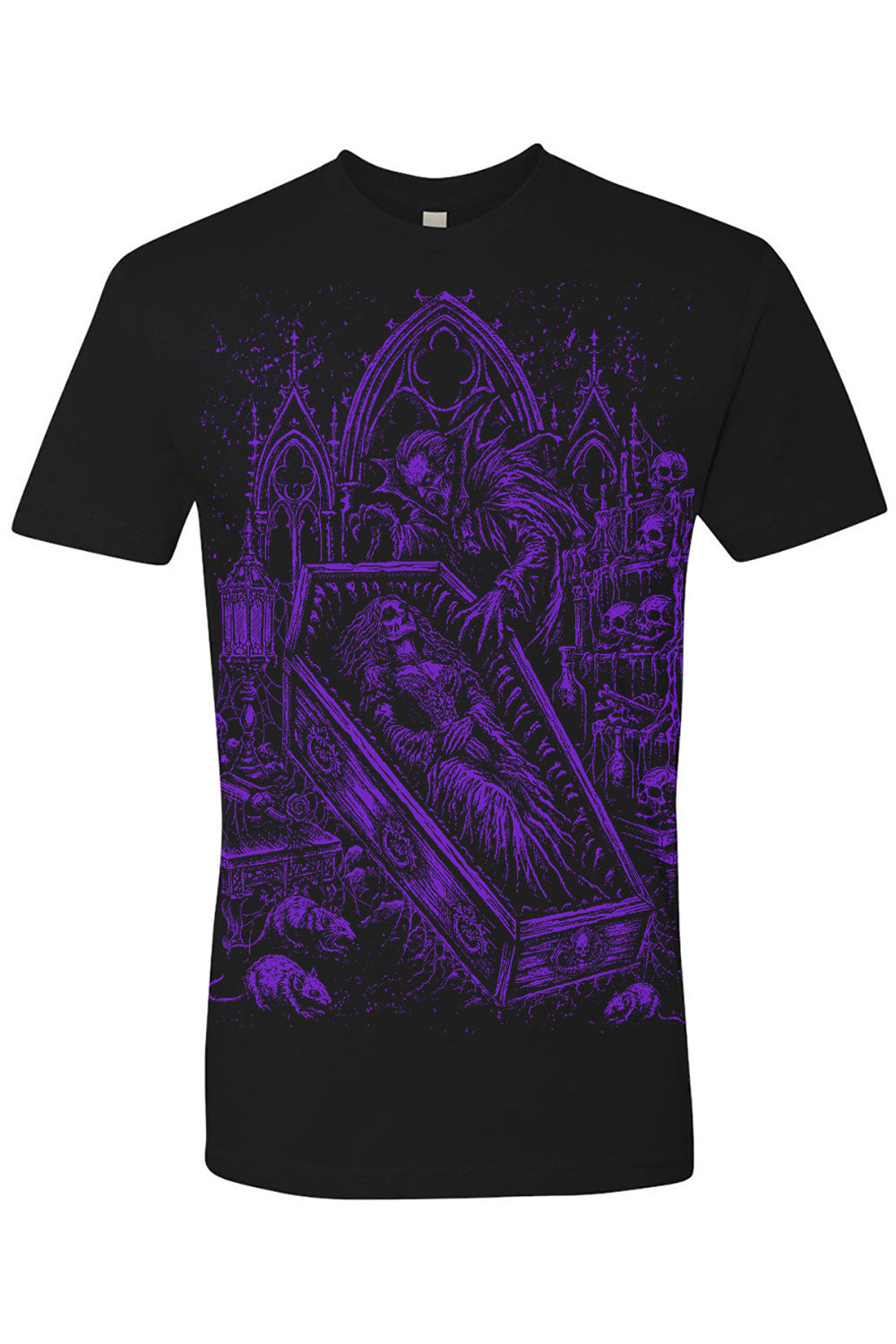 Mens black tshirt with purple draculas bride graphic
