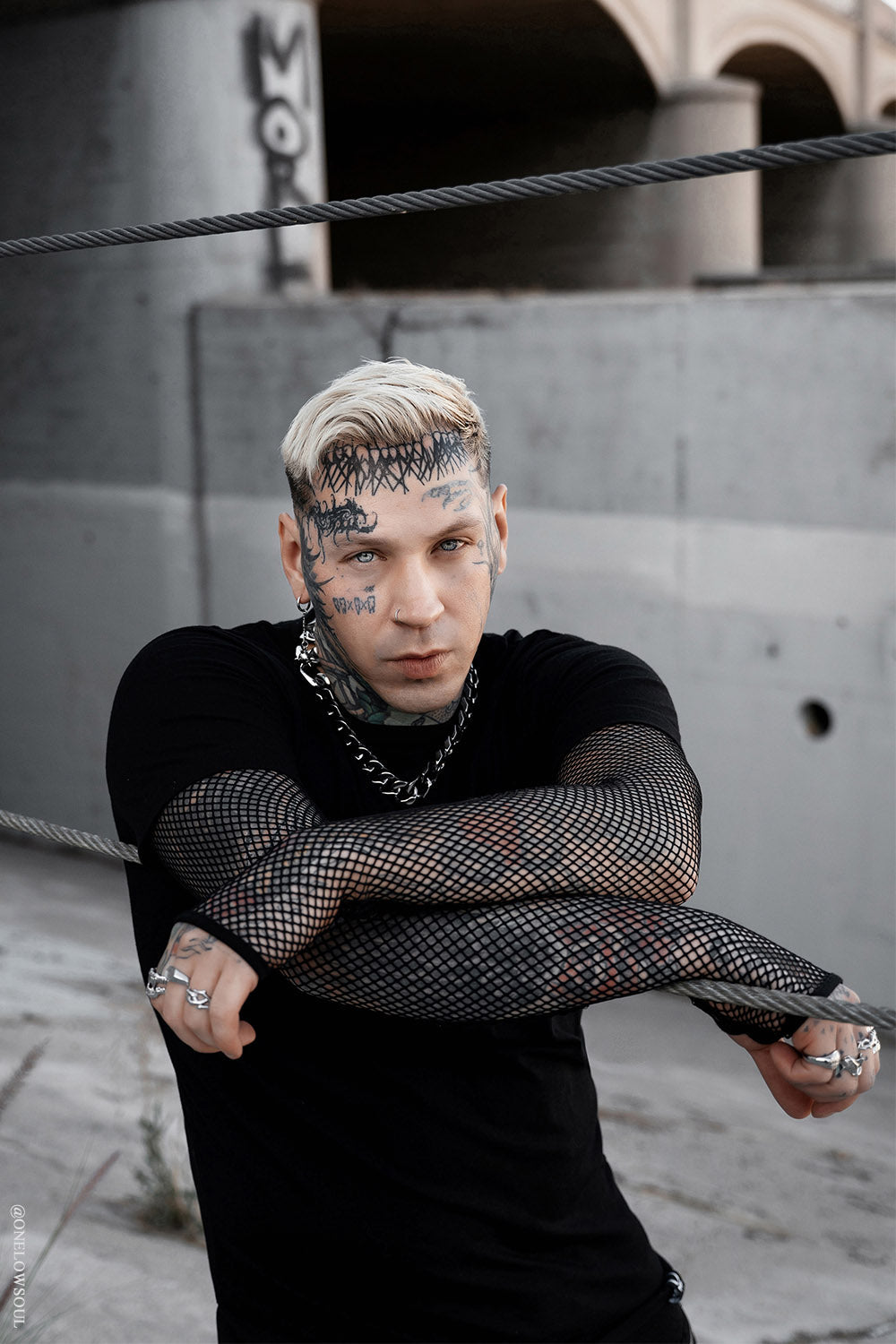 mens punk rock black short sleeve top with built-in fishnet shirt