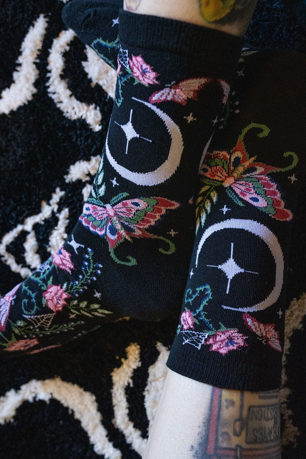 moon and moth floral rose socks
