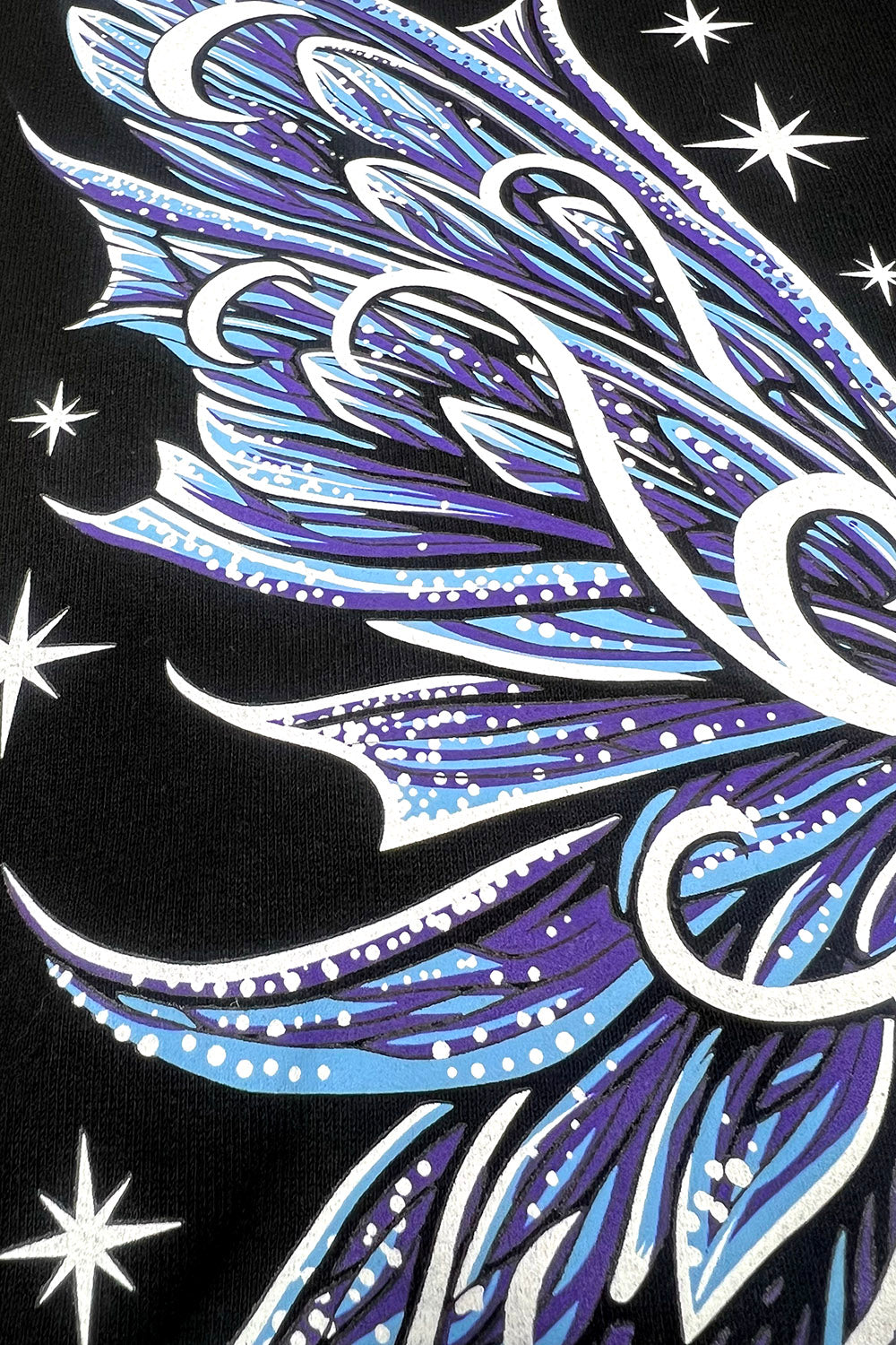 enchanting blue, purple, and white moth wings printed on the back of a sweatshirt by vampirefreaks
