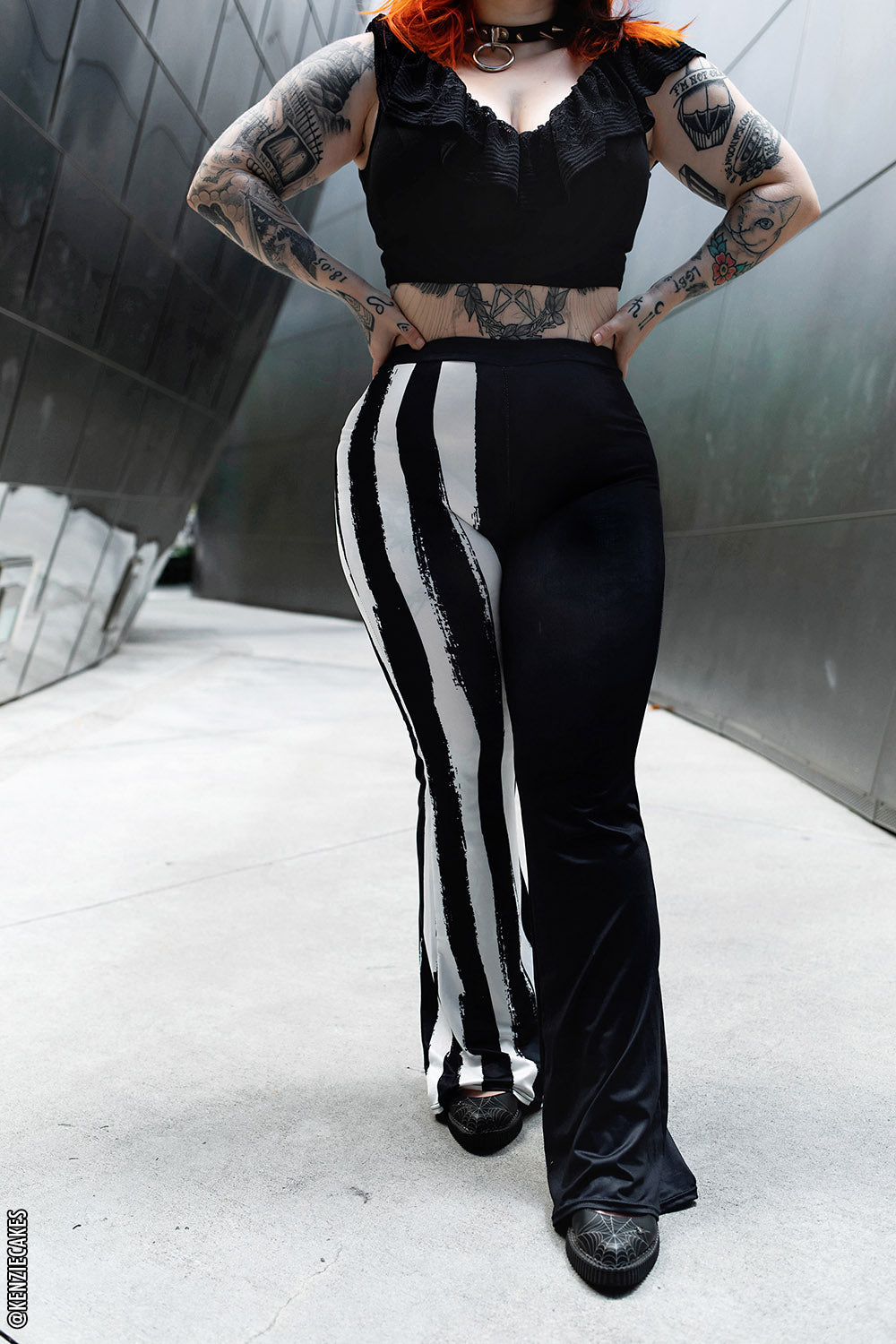 womens gothic  plus size black and white striped flared leggings with pockets