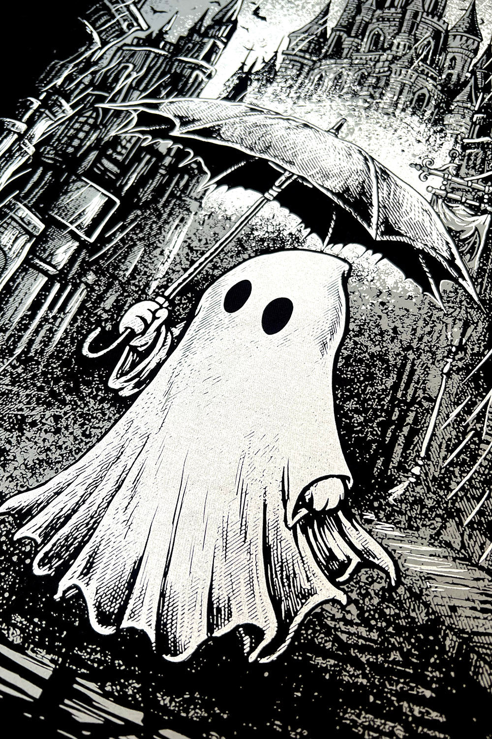 gothic graphic hoodie of a ghost holding an umbrella 