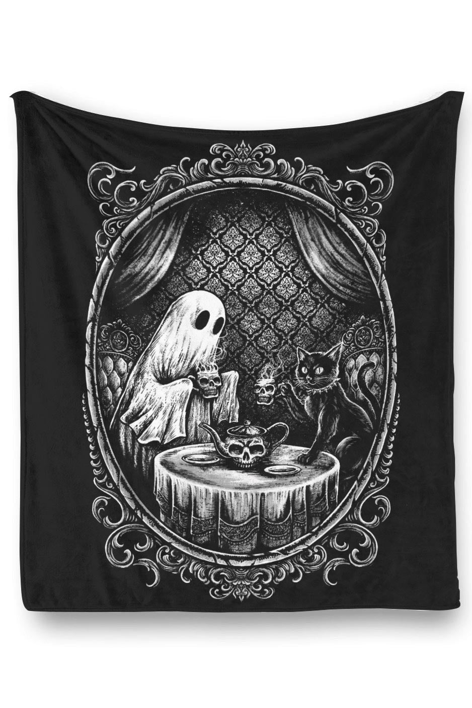 soft fleece spooky hautning victorian goth ghost and black cat blanket
