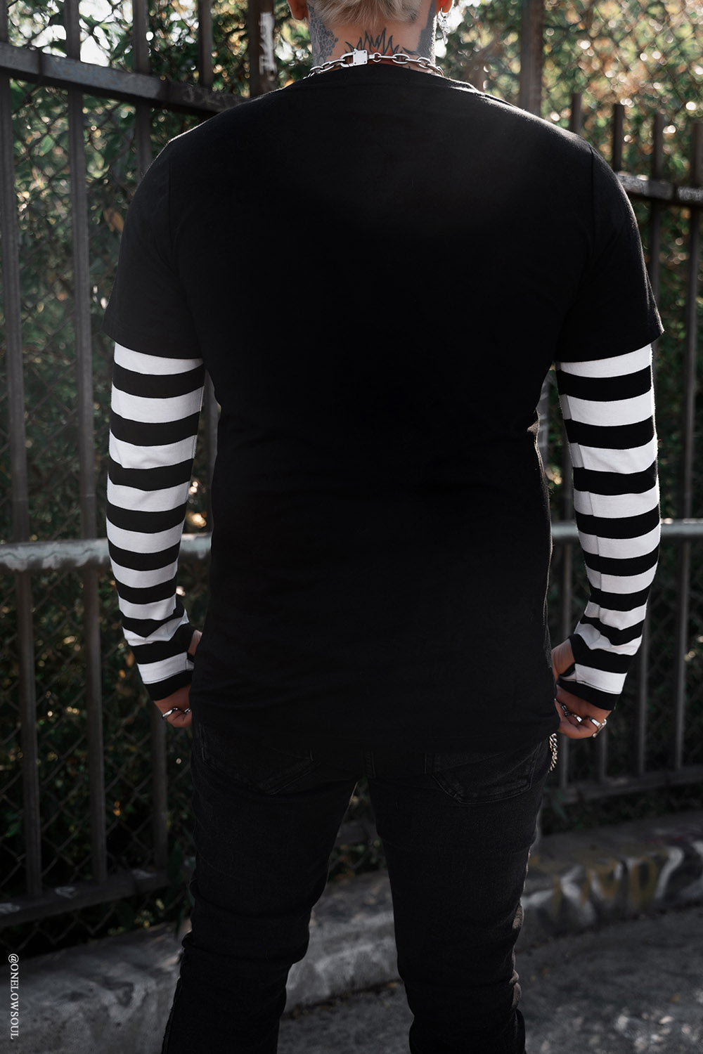 emo black and white striped shirt with thumbholes 