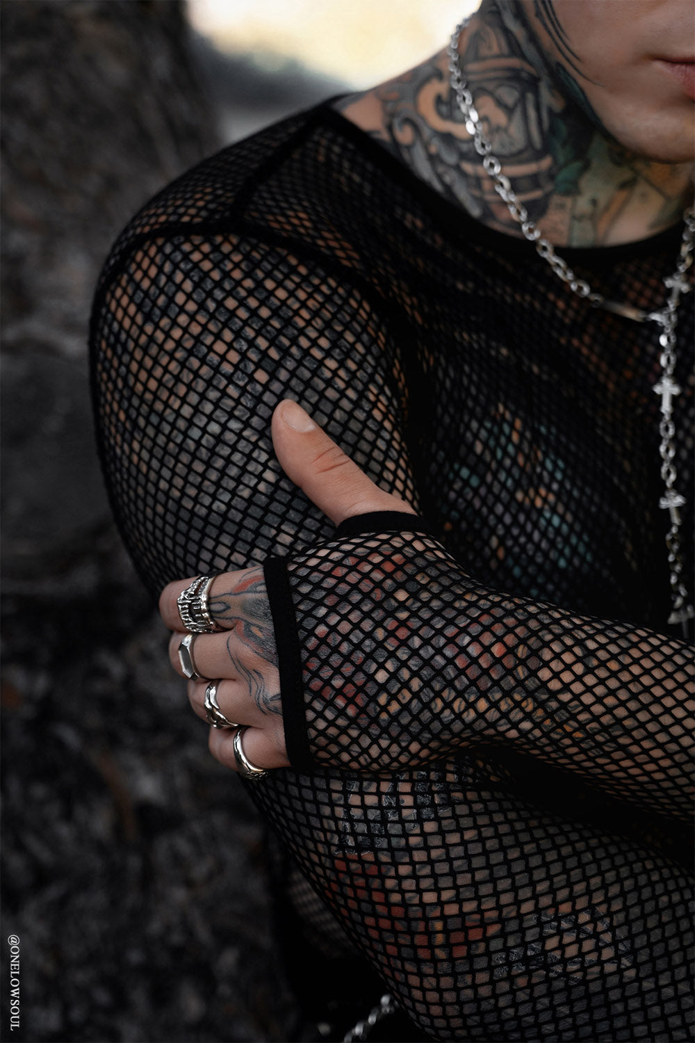street goth black long sleeve fishnet shirt with thumbholes 
