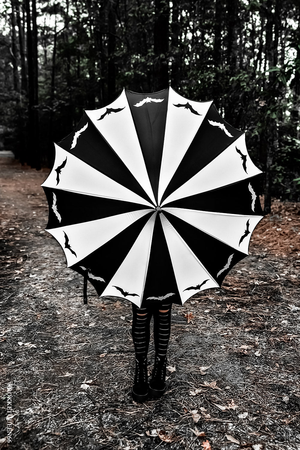 black and white striped whimsical goth umbrella