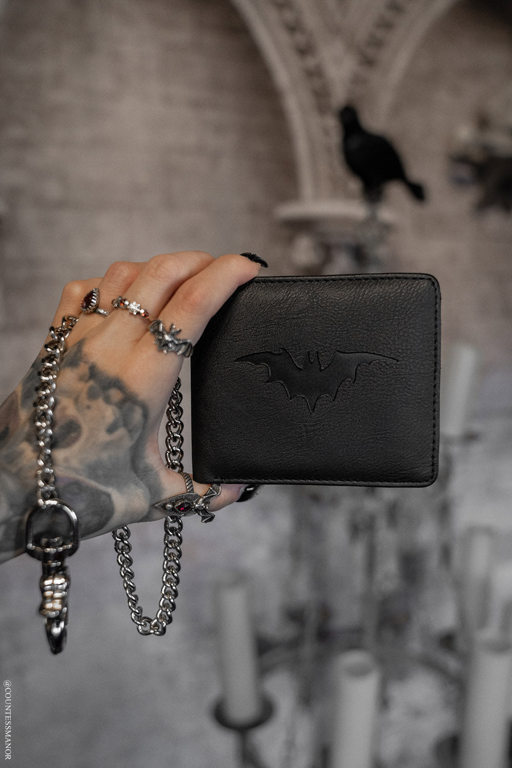 mens vegan leather embossed vampire bat wallet